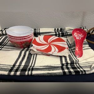 Gingerbread cereal bowls, peppermint Christmas plates, Ho ho ho spoon rest.NWT❤️
